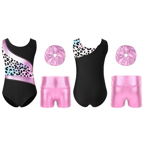 Girls Set Stretchy Clothes Sparkly Outfit Sport Leotards Metallic Bodysuit Kids - Picture 34 of 53