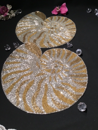 Coastal Beaded Placemats SET OF 2 Nautilus Shell Gold Silver