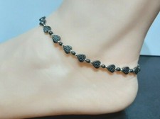 BLACK HEMATITE PATTERNED HEART BEADED ANKLE BRACELET ANKLET 9.25" + EXT  - 109