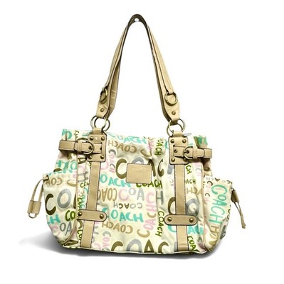 Coach Women s Logo Tote Bag Beige/Multicolor Double Handles Gold Hardware