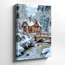 Wall Art Snowy Forest Cottage Landscape Print Winter Cabin Bridge River Decor