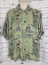 Citron Santa Monica Green Print Top 1X 100% Silk Blend Tunic Button Up