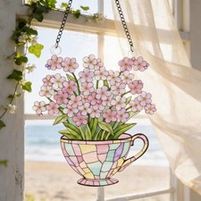 Pink Floral Teacup Acrylic Suncatcher, Stained Glass Style Flower Window Hanging