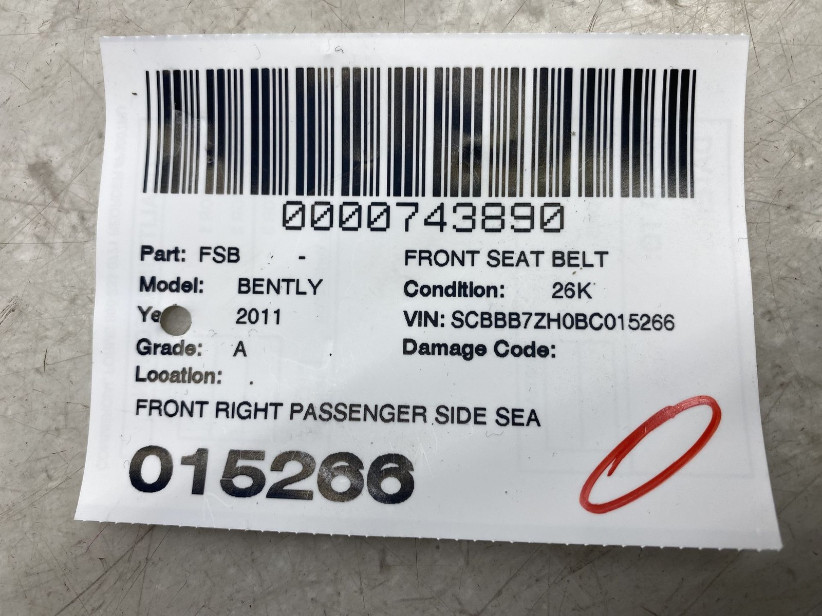 2010-2020 BENTLEY MULSANNE FRONT RIGHT PASSENGER SIDE SEAT BELT BUCKLE 3Y5857756