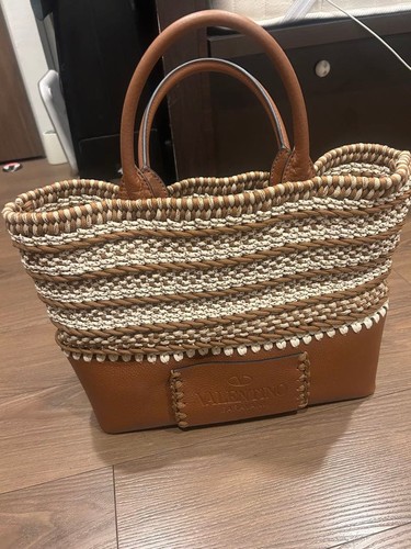VALENTINO GARAVANI Women Woven material 2Way Tote Shoulder Bag Brown Leather
