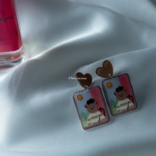 dangle earrings with cute bear print, heart studs S925 posts