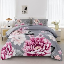 Bed Comforter Set Size 3 Pieces Pink Flowers Printed Bedding Set Full Grey