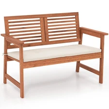 Patio Bench Outdoor Solid Wood Loveseat Chair w/ Backrest & Cushion Porch Garden