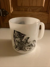 Vintage Glasbake Milk Glass Mug Black and White Cat & Fishbowl Graphic