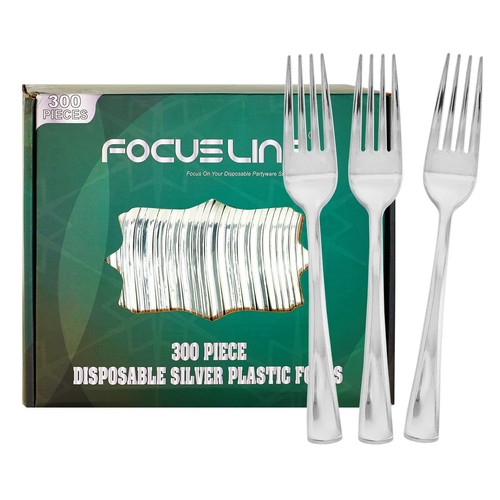 300 Pack Disposable Silver Plastic Forks, Solid and Durable Plastic Cutlery F...