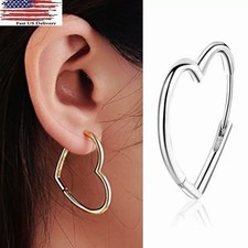 Women 925 Silver Plated Big Heart Shape Plain Huggie Hoop Earrings 31mm C28