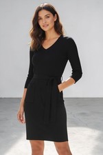 New York & Company V-Neck Belted Sweater Sheath Dress Black Size M Womens NEW