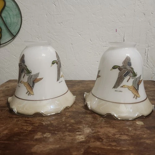 2 Vintage Milk Glass Lamp Shade Globe Mallard Duck Light Fixture Ceiling Fan