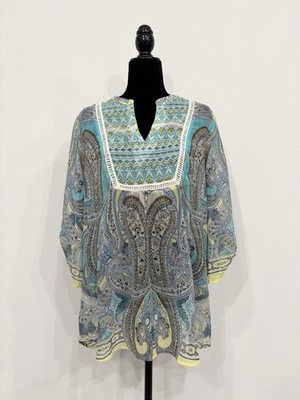 Olive Hill Women s Paisley Tunic Blouse V-Neck 3/4 Kimono Chiffon Lace L