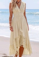 CUPSHE Women's Maxi Dress V Neck Sleeveless Lace Tassel Smocked Waist, Medium