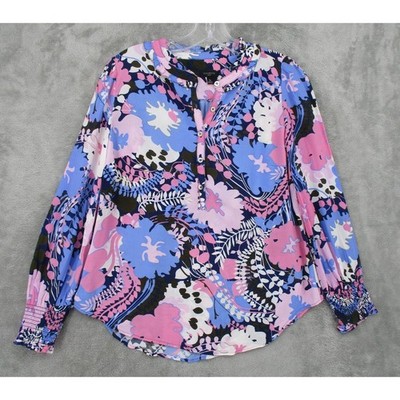 Talbots Blouse Womens Small Petite Vibrant Floral Popover Bohemian Career Pink