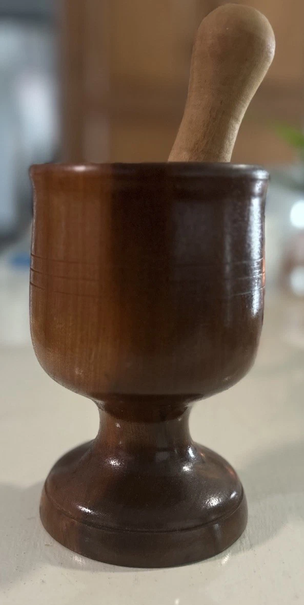 Vintage Large Wood Hand Turned Primitive Mortar & Pestle 6.5” Tall