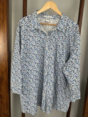 Chelsea Studio 3/4 Sleeve Button-Front Shirt 3X Blue Floral Collared Cotton