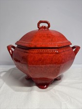 Vintage Peasant Village Italy Soup Tureen w/Lid RED Pearl Luster Pottery PV