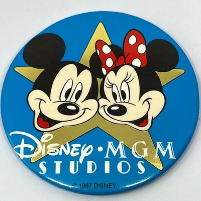 Vintage 1987 Disney MGM Studios Pin Anstecker 3'' Button Mickey Minnie Mouse Merch