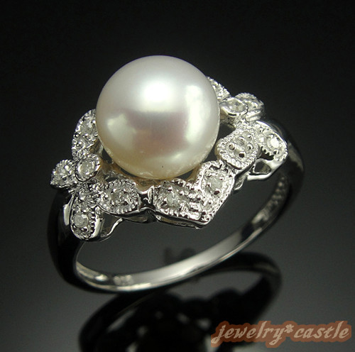 Sterling Silver 8mm Round Pearl 0.1ct Natural Si/h Diamonds Ring Fine Jewelry - Picture 7 of 7