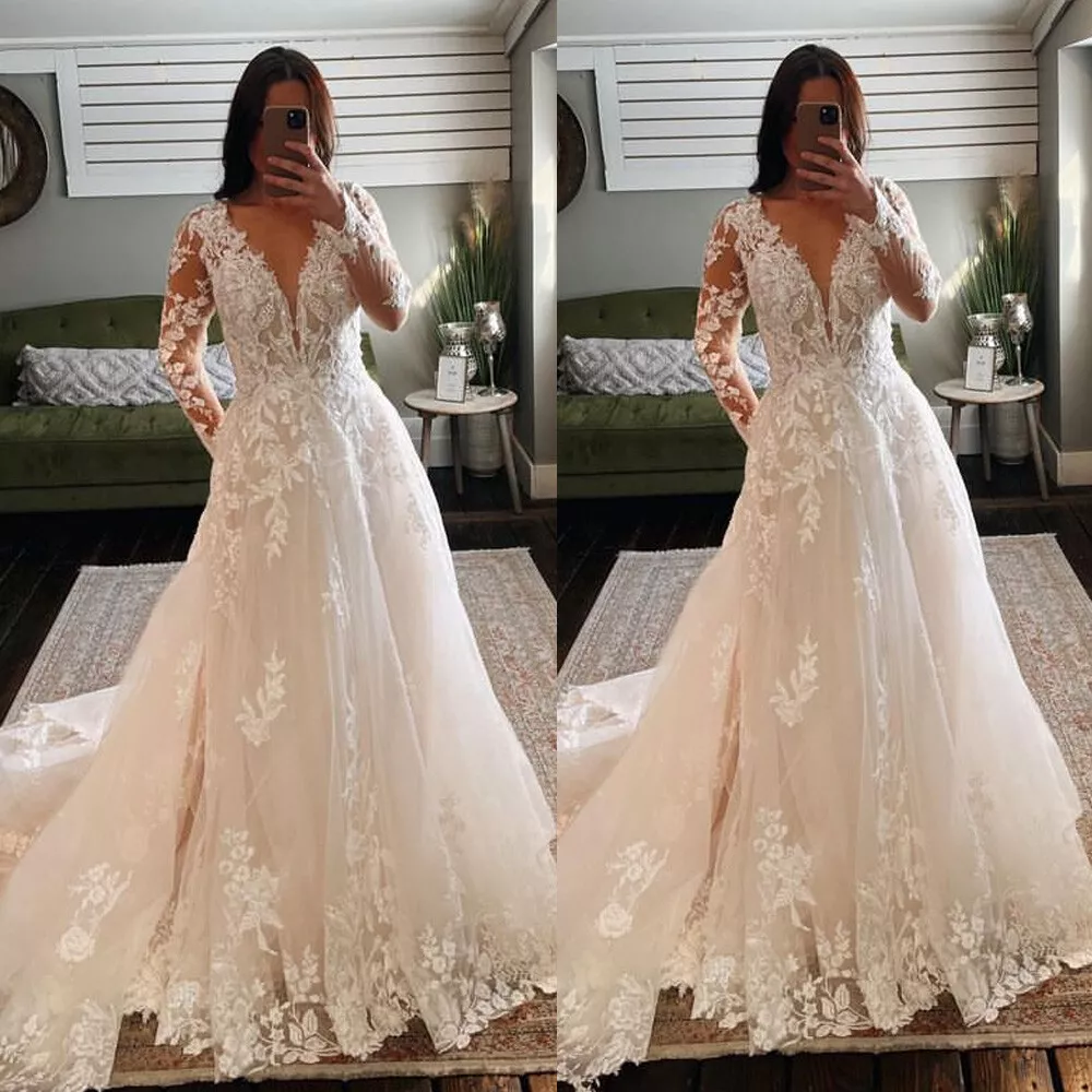 Elegant V-neck Long sleeves A-line Lace applique Wedding Dresses,DB033 –  sweetbridals