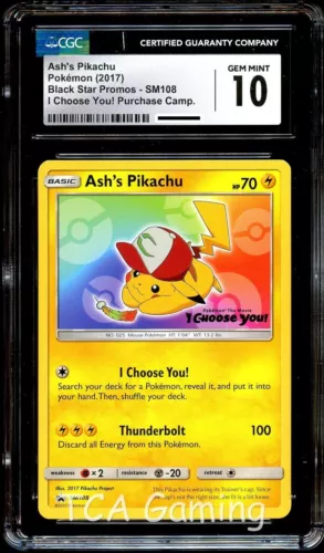 CGC 10 GEM MINT Ash's Pikachu SM108 PROMO Pokemon Card