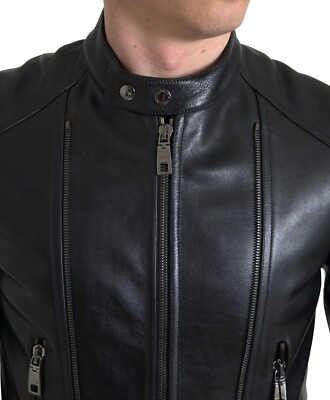 DOLCE & GABBANA Jacket Black Leather Zipper Coat Men IT48/US38/M