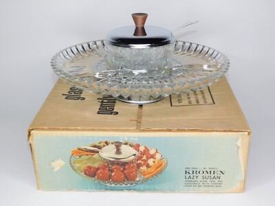 Vintage Kromex Lazy Susan Glass Tray Bowl Chrome Base Lid Spoon Original Box