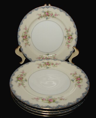 Set of 5 Meito N.S.P. China I213 Salad Plates Blue Border Cream Rim Floral Spray