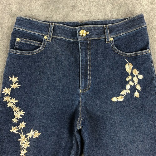 Escada Jeans 40 (US Size 10) Blue Straight Leg High Rise Gold Roses Rhinestones - Picture 4 of 16