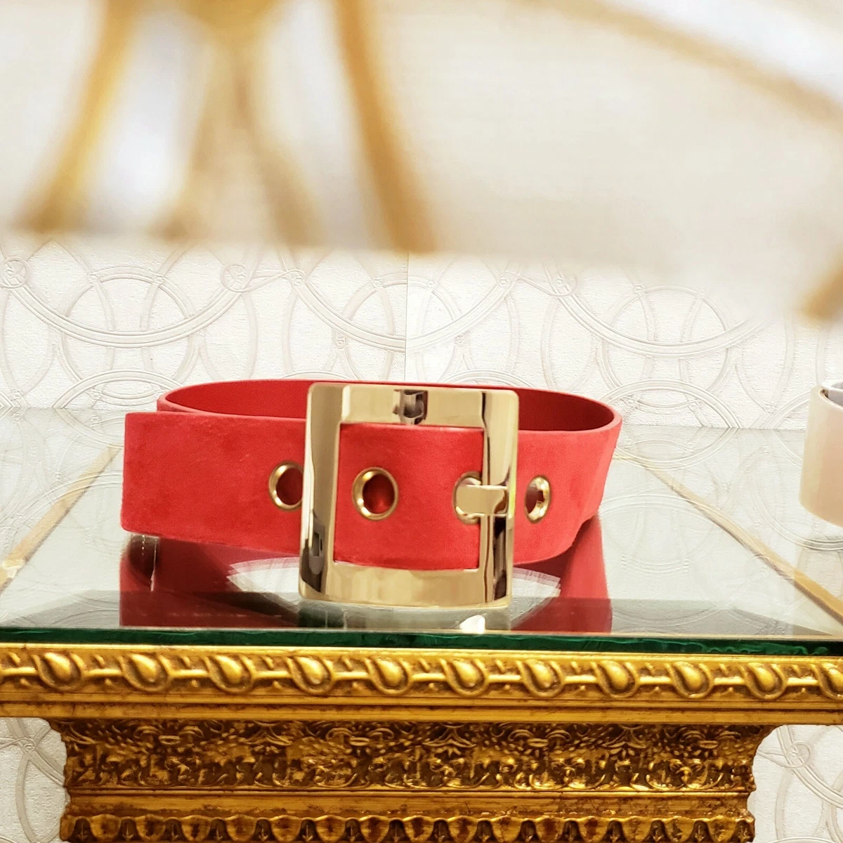 F W 2015 VERSACE RED SUEDE BELT w GOLD TONE BUCKLE