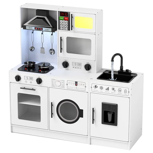 Kids Pretend Play Kitchen Set Wooden Toys,Sink with Running Water,Sounds,Lights