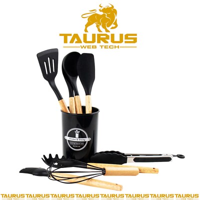 9x SCHWARZ Silikon Utensilien Set Küche Kochwerkzeuge Halter Besteck Zuhause Essen UK