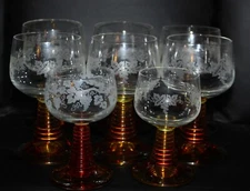 (8) AMBER BEEHIVE STEM ROEMERS 5-1/4" CORDIAL WINE GLASSES ETCHED GRAPES LEAVES