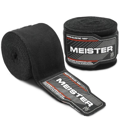 MEISTER BLACK 180'' MMA HAND WRAPS - Mexican Elastic Cotton Boxing Wrist New PAIR