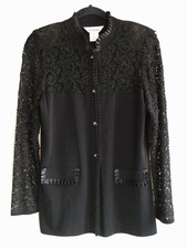 Exclusively Misook Xs Black Lace Knit Jacket Cardigan Satin Ruffle Jewel Button