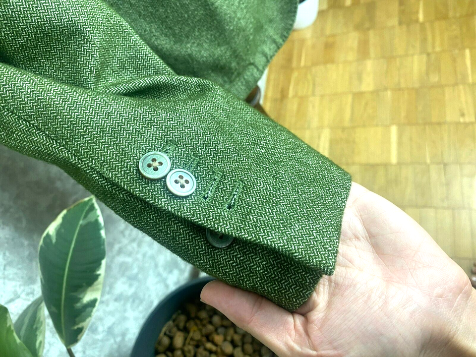 LBM 1911 Green Herringbone Wool Cotton Unlined Patch Pockets Blazer 38
