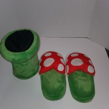 Super Mario Bros Piranha Plant Slippers with green plush tube storage