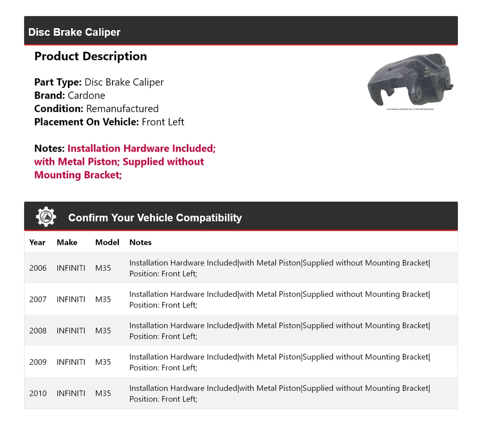 Pinza de freno de disco delantera izquierda Cardone 2007 2008 2009 para Infiniti M35 2006-2010 Foto 2 de 4
