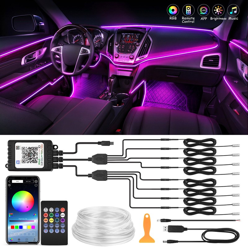 Interior Car LED Strip Lights RGB 8 in 1 Neon Ambient Decor Atmosphere Light bid