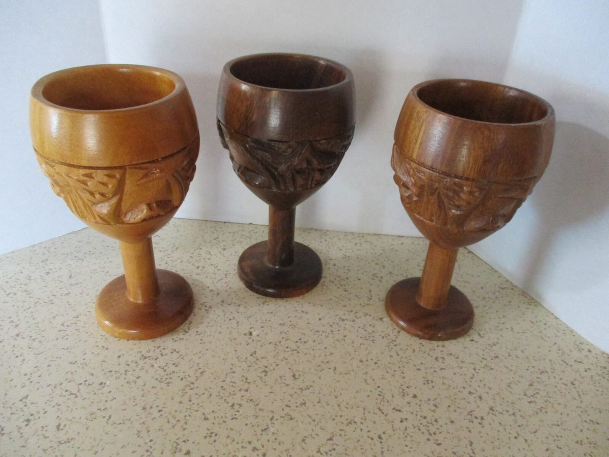 3 VINTAGE WOOD GOBLETS, HAND-CARVED TROPICAL DESIGN, 5 OUNCES