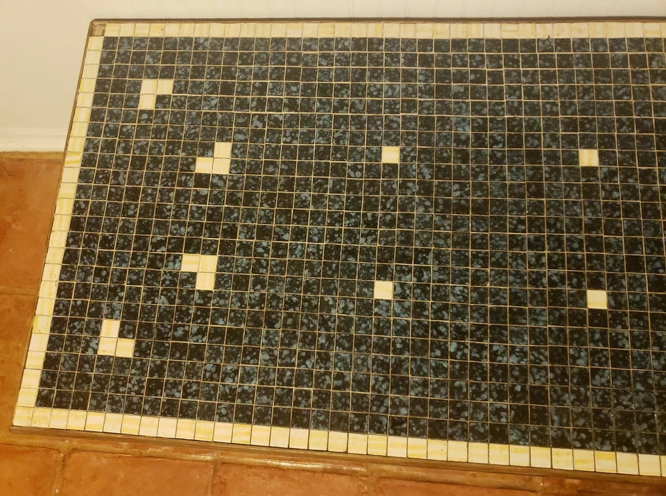 Mesa de centro moderna rectangular de mediados de siglo con azulejos de madera MCM AZULEJO AZUL BLANCO Foto 3 de 4