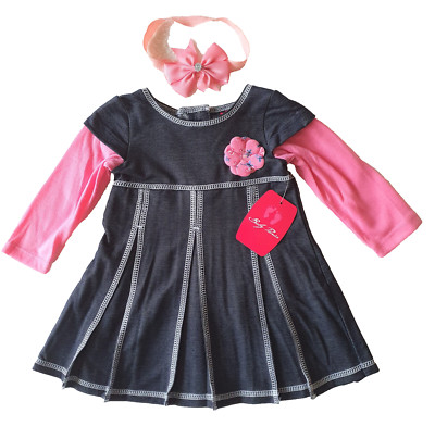 Baby Mädchen Kleid Jeans-Optik mit Stirnband + Schleife Gr 62/68 NEU mit Etikett