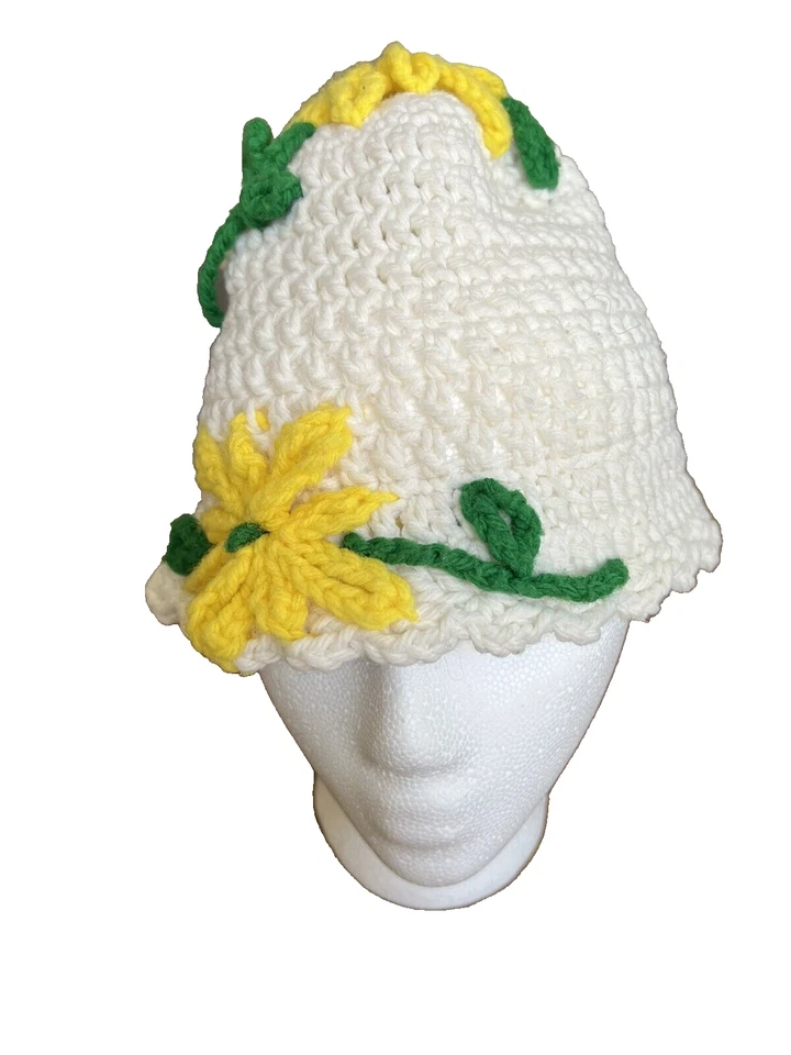 Gorro gorro vintage hecho a mano de ganchillo blanco y amarillo floral para niños niñas Foto 2 de 4