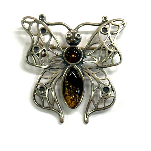 925 Solid Sterling Silver Green Baltic Amber Butterfly Medium Beautiful Brooch