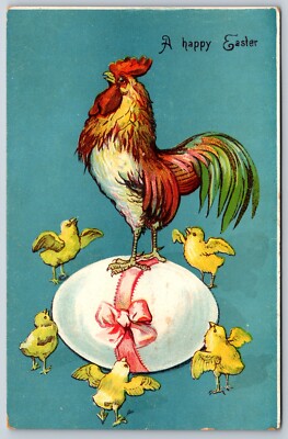 Postcard Happy Easter Greetings Egg Chicken Rooster Wishes Unposted