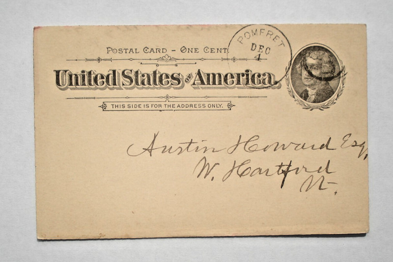 US SC UX12 POMFRET, VT VINTAGE  POSTAL CARD 1895
