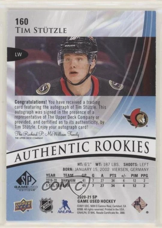2020 Upper Deck SP Game Used Authentic Rookies Blue Tim Stutzle Rookie Auto RC - Image 2 of 2