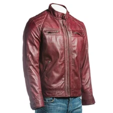 Mens Vintage Burgundy Lambskin Leather Classic Smooth Butter Soft Leather Jacket